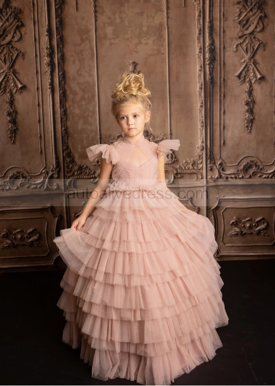 Feifei Sleeves Mauve Pink Pleated Tulle Ruffled Flower Girl Dress